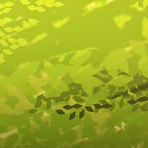 David Hockney's iPad painting of a year in Normandie featuring a close up of green leaves