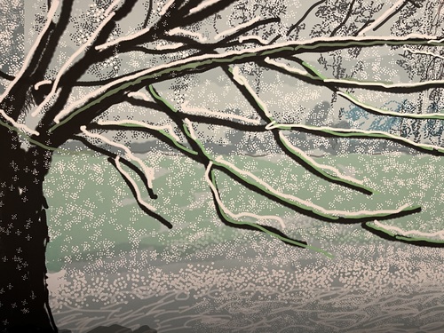 David Hockney's iPad painting of a year in Normandie featuring a close up of the winter tree