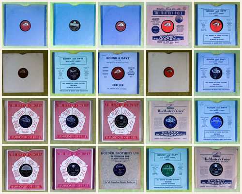 A grid of 78rpm record sleeves, mostly branded with the names of Hull record shops rather than the artists - Gough and Davy, Hammond's of Hull, Sydney Scarborough