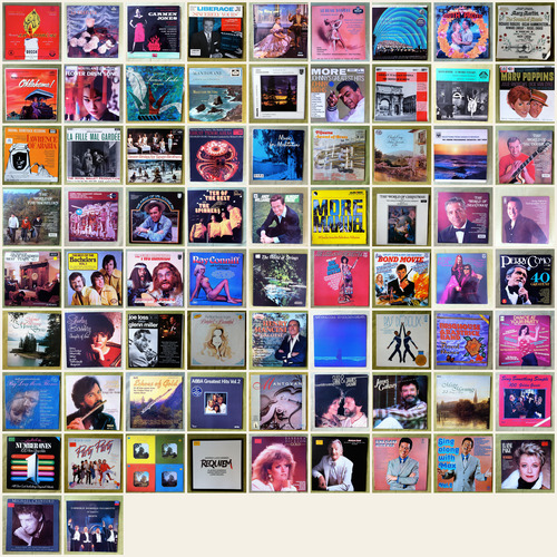 A grid of LP covers from Mum's record collection, arranged chronologically, showing musicals, classical, easy listening and popular music from the 1960s to the 1980s
