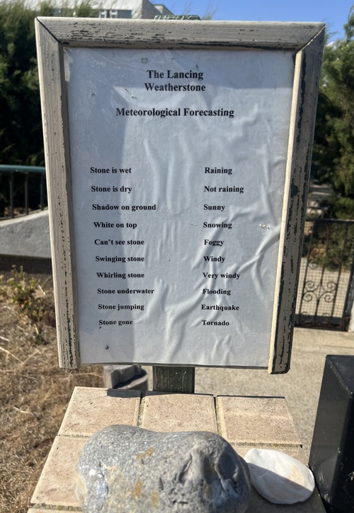 A laminated sign titled 'The Lancing Weatherstone: Meteorological Forecasting', listing weather conditions such as 'stone is wet, raining' and 'stone gone, tornado', mounted above a large pebble on a paved plinth by the seafront