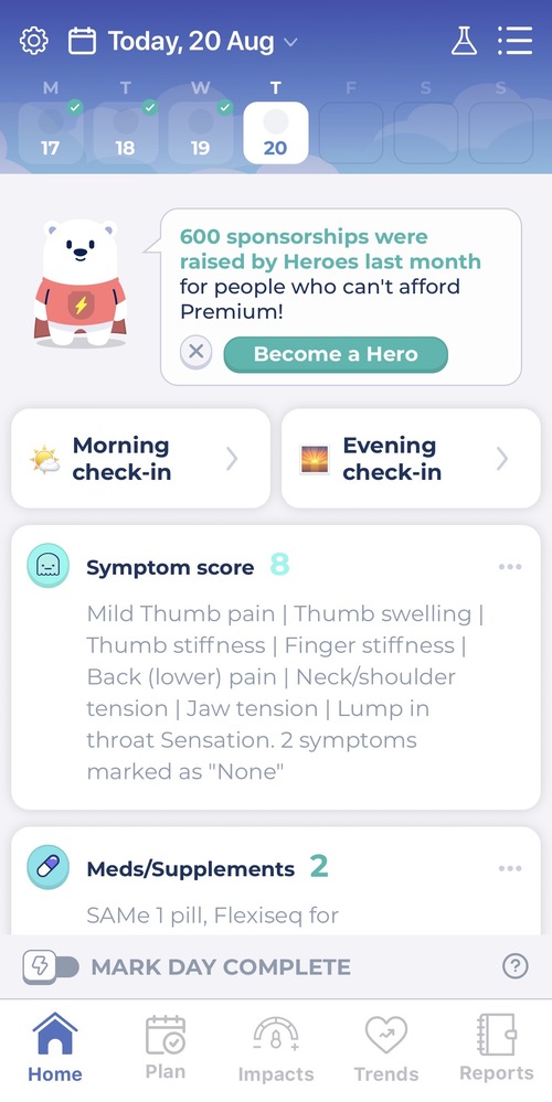 Screenshot of the Bearable app showing today's symptom score and logged supplements