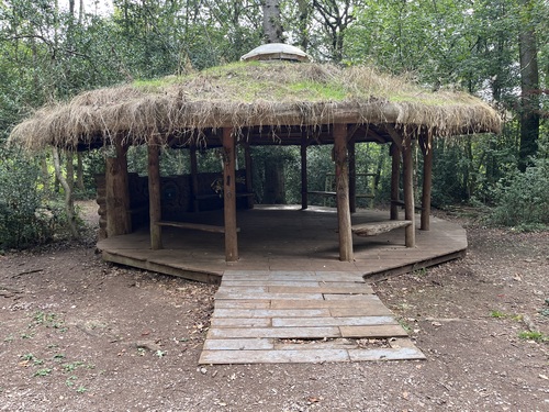 A round wooden shelter with a grass-topped thatched roof, built as a community roundhouse in the woods