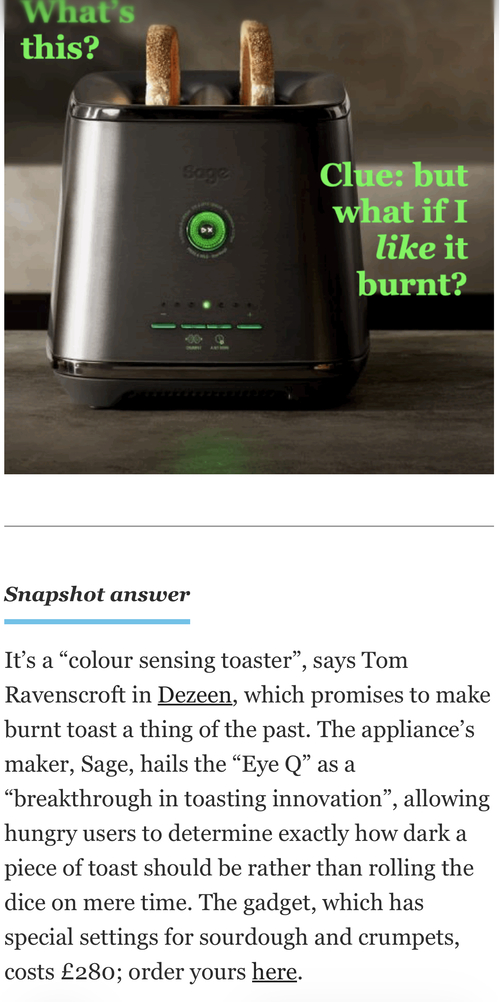 Screenshot of The Knowledge newsletter answer describing Sage's Eye Q colour-sensing toaster as 'a breakthrough in toasting innovation'
