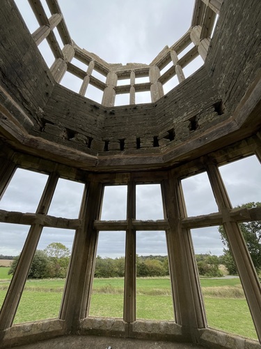 Looking out through the lodge's empty windows, with the upper storey above