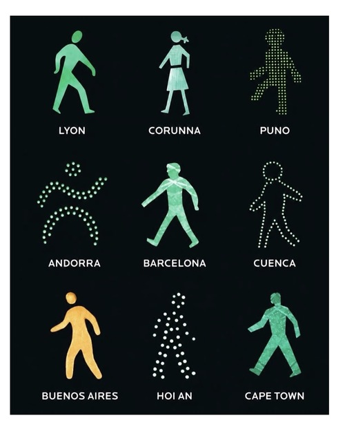 Nine green crossing figures from Lyon, Corunna, Puno, Andorra, Barcelona, Cuenca, Buenos Aires, Hoi An and Cape Town, with Corunna's a woman in a skirt with a ponytail