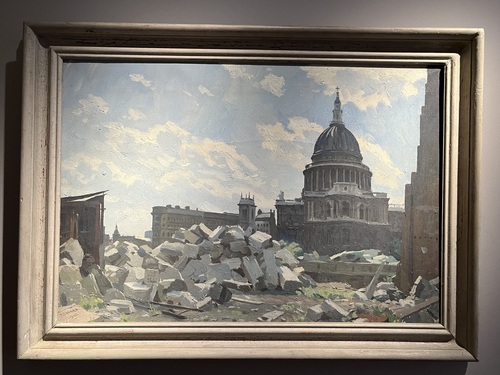 St Paul's Cathedral rising behind bomb rubble, a war painting by Donald Towner at Burgh House