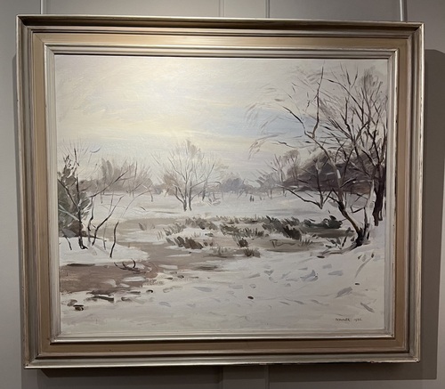 Snowy Heath with bare trees and a frozen pond by Donald Towner at Burgh House