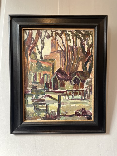 Colourful painting of Hampstead buildings and trees by Duncan Grant at Burgh House