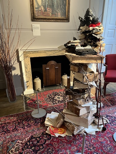 Samizdat installation at Burgh House, a tower of chained books topped with a typewriter