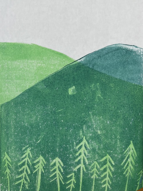 The finished print: a landscape of dark green and lighter green hills with a teal hill behind, and pale green trees in the foreground