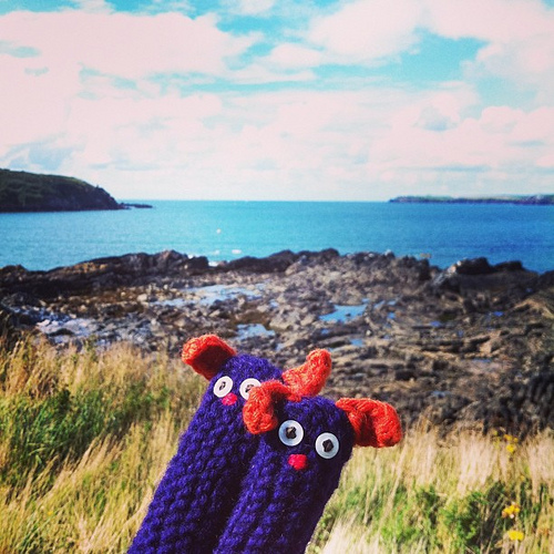 My #ricefieldcollective finger puppets posing for a photo in front of West Angle Bay, Pembrokeshire, Wales