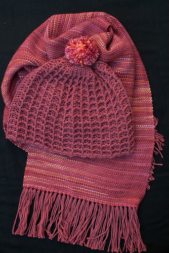 Sussex little waffle hat with variegated autumn colours scarf