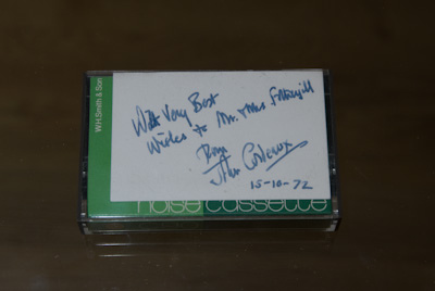 Tape reading 'With very best wishes to Mr and Mrs Fothergill from John Cordeaux 15-10-72